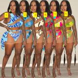Sexy Printed Colorful Summer Swimwear Perspective Three Piece Set