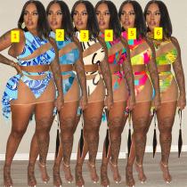 Sexy Printed Colorful Summer Swimwear Perspective Three Piece Set