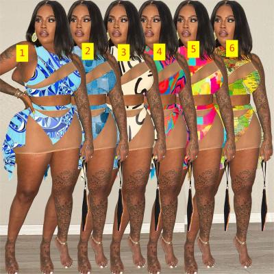 Sexy Printed Colorful Summer Swimwear Perspective Three Piece Set