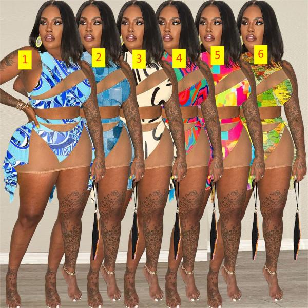 Sexy Printed Colorful Summer Swimwear Perspective Three Piece Set