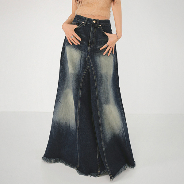 Women's High Waist Zipper Washed Vintage A-line hem Fashion Personalized Denim Skirt Long Dress