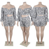 Sexy Slim Fit Abstract Print Strap Large High Waist Shorts Two Piece Set
