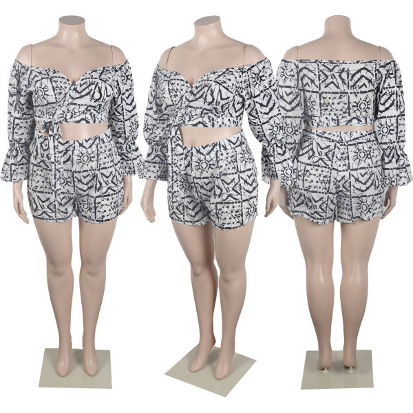Sexy Slim Fit Abstract Print Strap Large High Waist Shorts Two Piece Set