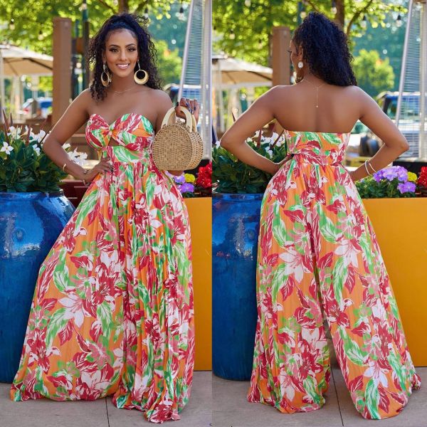 Sexy Chest Wrap Print Large Size Elastic Tie Wide Leg Pleated Large Size Jumpsuit