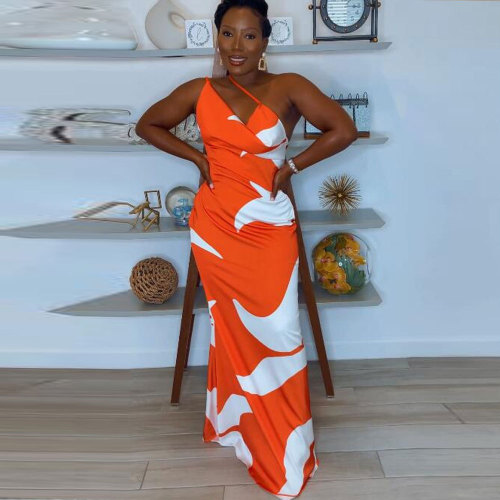 Sexy Printed Slim Fit Wrapped Hip Long Dress with Hanging Strap
