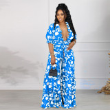 Sexy print with ruffled edges, wide leg straps, high waisted V-neck, oversized set