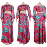 Sexy printed lantern sleeve split long skirt two-piece set
