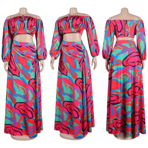 Sexy printed lantern sleeve split long skirt two-piece set