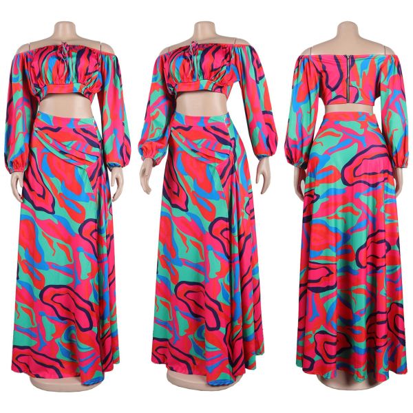 Sexy printed lantern sleeve split long skirt two-piece set
