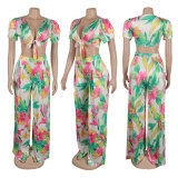 Sexy and fashionable printed wide leg straight tube loose fitting short sleeved set