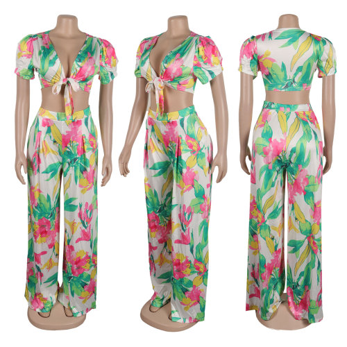Sexy and fashionable printed wide leg straight tube loose fitting short sleeved set