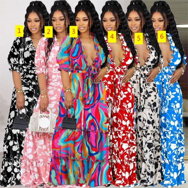 Sexy print with ruffled edges, wide leg straps, high waisted V-neck, oversized set