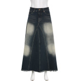 Women's High Waist Zipper Washed Vintage A-line hem Fashion Personalized Denim Skirt Long Dress