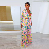 Sexy printed wide leg pleated lace tie large long sleeved set of two pieces