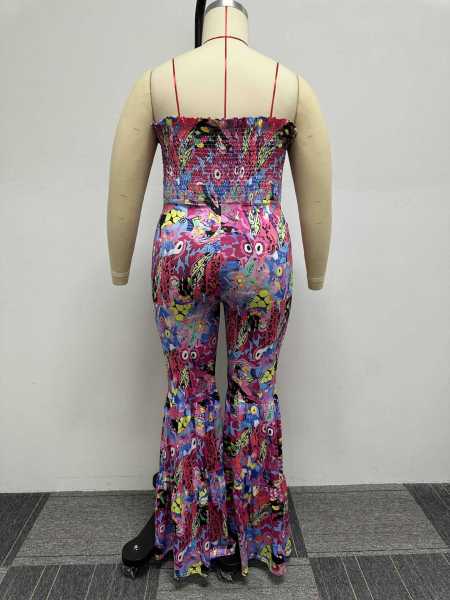 Sexy printed oversized lace up jumpsuit flared pants