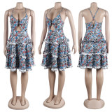 Sexy Slim Fit Printed Wooden Ear Edge Elastic Cross Strap Hollow Cake Dress