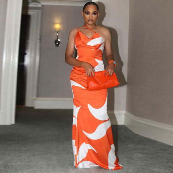 Sexy Printed Slim Fit Wrapped Hip Long Dress with Hanging Strap