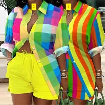 Sexy printed color printed long sleeved shirt and shorts two-piece set