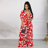 Sexy print with ruffled edges, wide leg straps, high waisted V-neck, oversized set