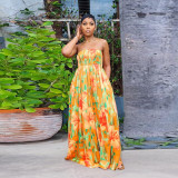 Sexy Slim Fit Print Wrap Bra Sweeping Loose Wide Leg Jumpsuit