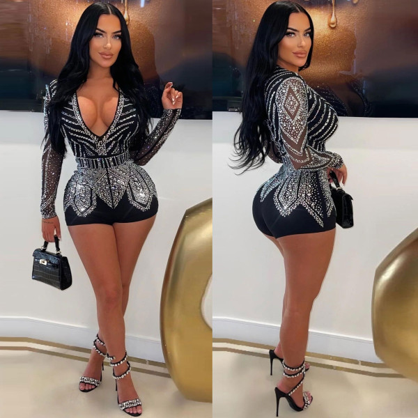 Sexy Slim Fit Hot Diamond Perspective Slim Fit Wrap Hip Deep V Hot Diamond Jumpsuit