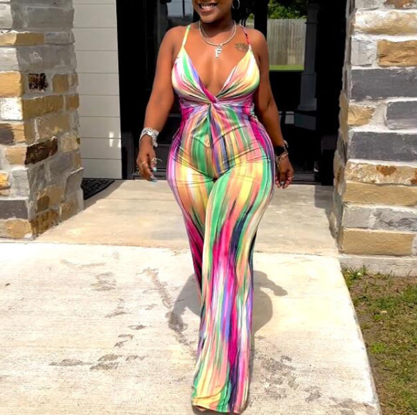 Sexy Slim Fit Print Wrap Hip Cross Strap Elastic Wrap Hip Sling Jumpsuit