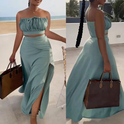 Sexy Wrapped Chest Sleeveless Bra Split Long Dress Two Piece Set