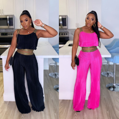 Slim fitting pleated patchwork webbing solid color high waisted wide leg two-piece set