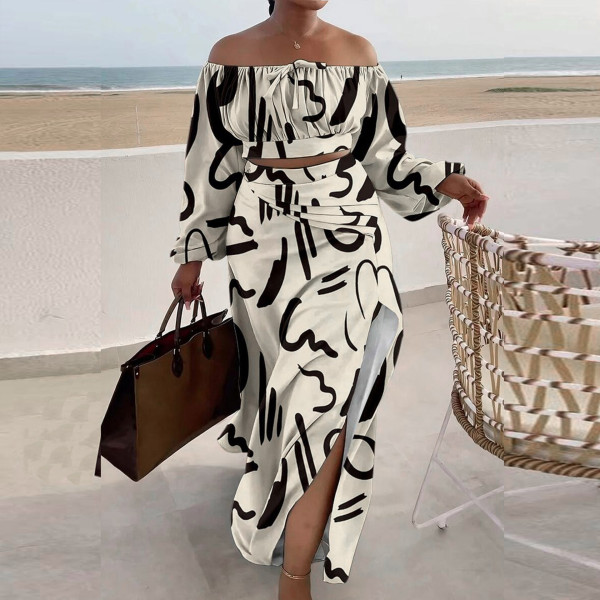 Sexy printed lantern sleeve split long skirt two-piece set
