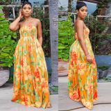 Sexy Slim Fit Print Wrap Bra Sweeping Loose Wide Leg Jumpsuit