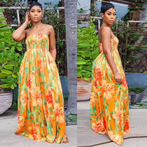 Sexy Slim Fit Print Wrap Bra Sweeping Loose Wide Leg Jumpsuit