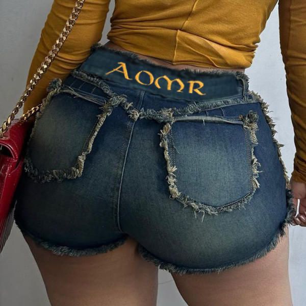 Women's back letter printed high waisted zipper with matted vintage basic fashion denim shorts