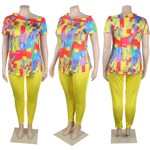 Printed Large Contrast Shoulder Multi Color Slim Fit Split Short Sleeve Slim Large Set
