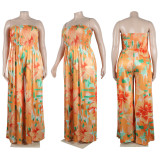 Sexy Slim Fit Print Wrap Bra Sweeping Loose Wide Leg Jumpsuit