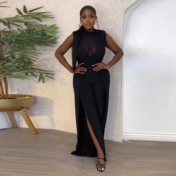 Sexy mesh stitching with perspective wide leg open back jumpsuit