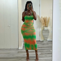 Tie dyed gradient contrast printed U-neck sleeveless tight fitting buttocks sexy basic simple strap long dress