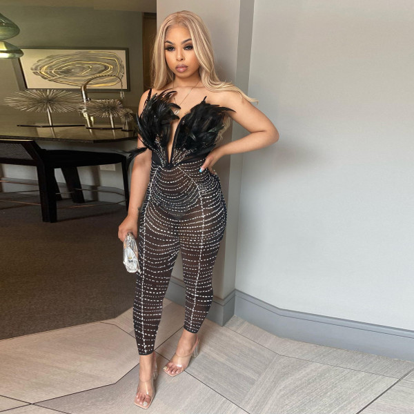 Sexy Feather Hot Diamond Slim Fit Wrap Hip Sleeveless jumpsuit