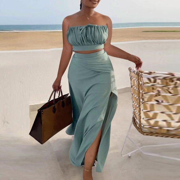 Sexy Wrapped Chest Sleeveless Bra Split Long Dress Two Piece Set