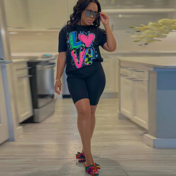 Sexy Slim Fit Printed Short Sleeve Shorts Colorful Elastic Set