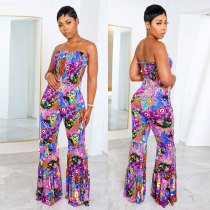 Sexy printed oversized lace up jumpsuit flared pants Sexy printed oversized lace up jumpsuit flared pants