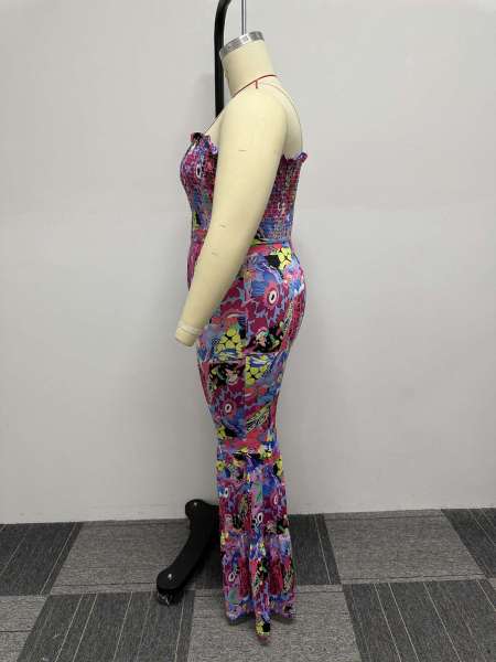 Sexy printed oversized lace up jumpsuit flared pants