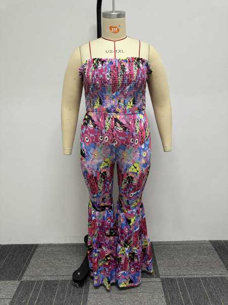 Sexy printed oversized lace up jumpsuit flared pants