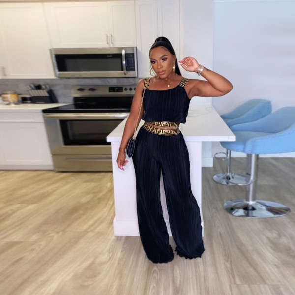 Slim fitting pleated patchwork webbing solid color high waisted wide leg two-piece set