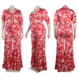Sexy print with ruffled edges, wide leg straps, high waisted V-neck, oversized set