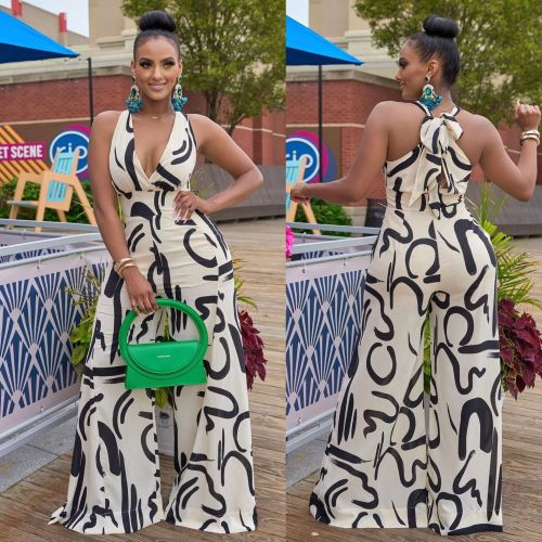Sexy printed buttocks wrapped slim straight leg wide leg pants with straps jumpsuit