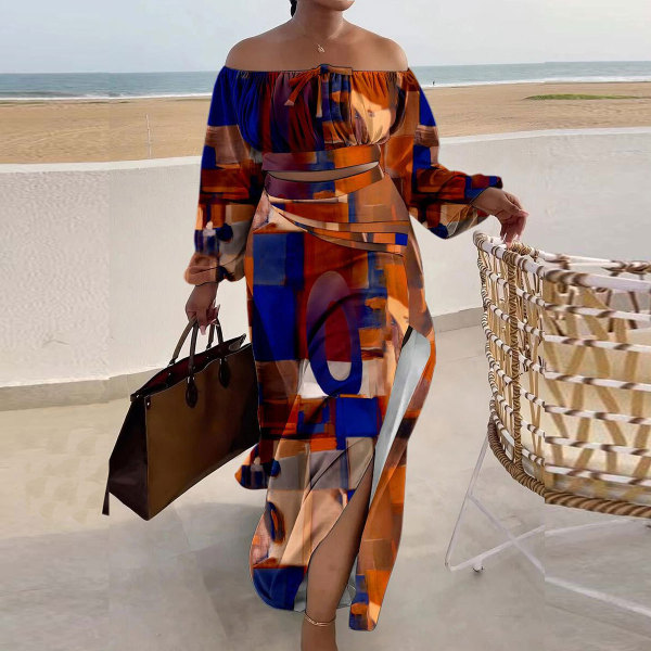 Sexy printed lantern sleeve split long skirt two-piece set