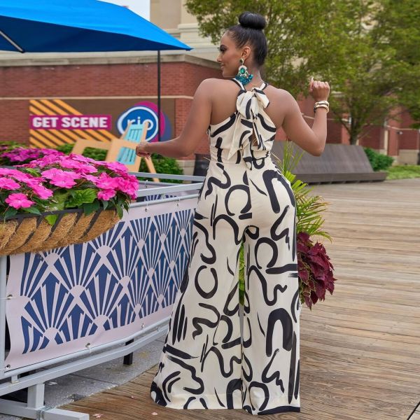 Sexy printed buttocks wrapped slim straight leg wide leg pants with straps jumpsuit