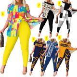 Printed Large Contrast Shoulder Multi Color Slim Fit Split Short Sleeve Slim Large Set