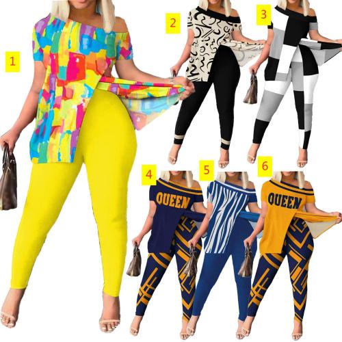 Printed Large Contrast Shoulder Multi Color Slim Fit Split Short Sleeve Slim Large Set