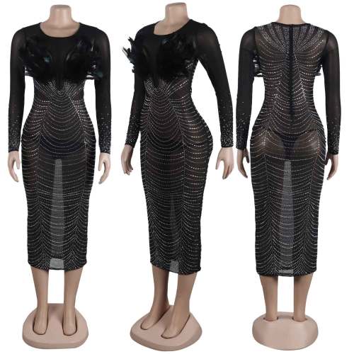 Sexy Feather Hot Diamond Perspective Long Sleeve Panel Wrapped Hip Elastic Dress
